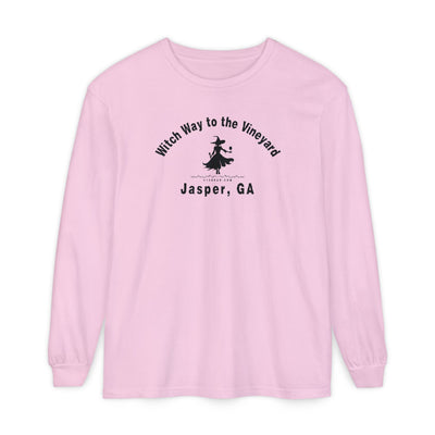 Pink long sleeve t-shirt with sassy witch graphic holding a glass of wine and text "Witch Way to the Vineyard - Jasper GA" by 515Gear.com