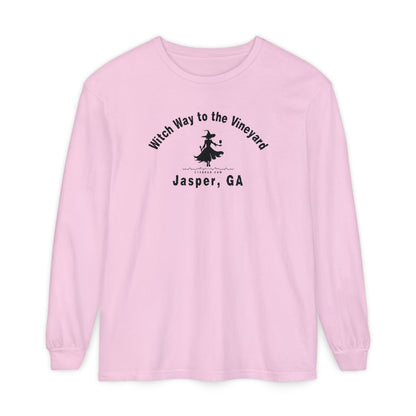 Pink long sleeve t-shirt with sassy witch graphic holding a glass of wine and text "Witch Way to the Vineyard - Jasper GA" by 515Gear.com