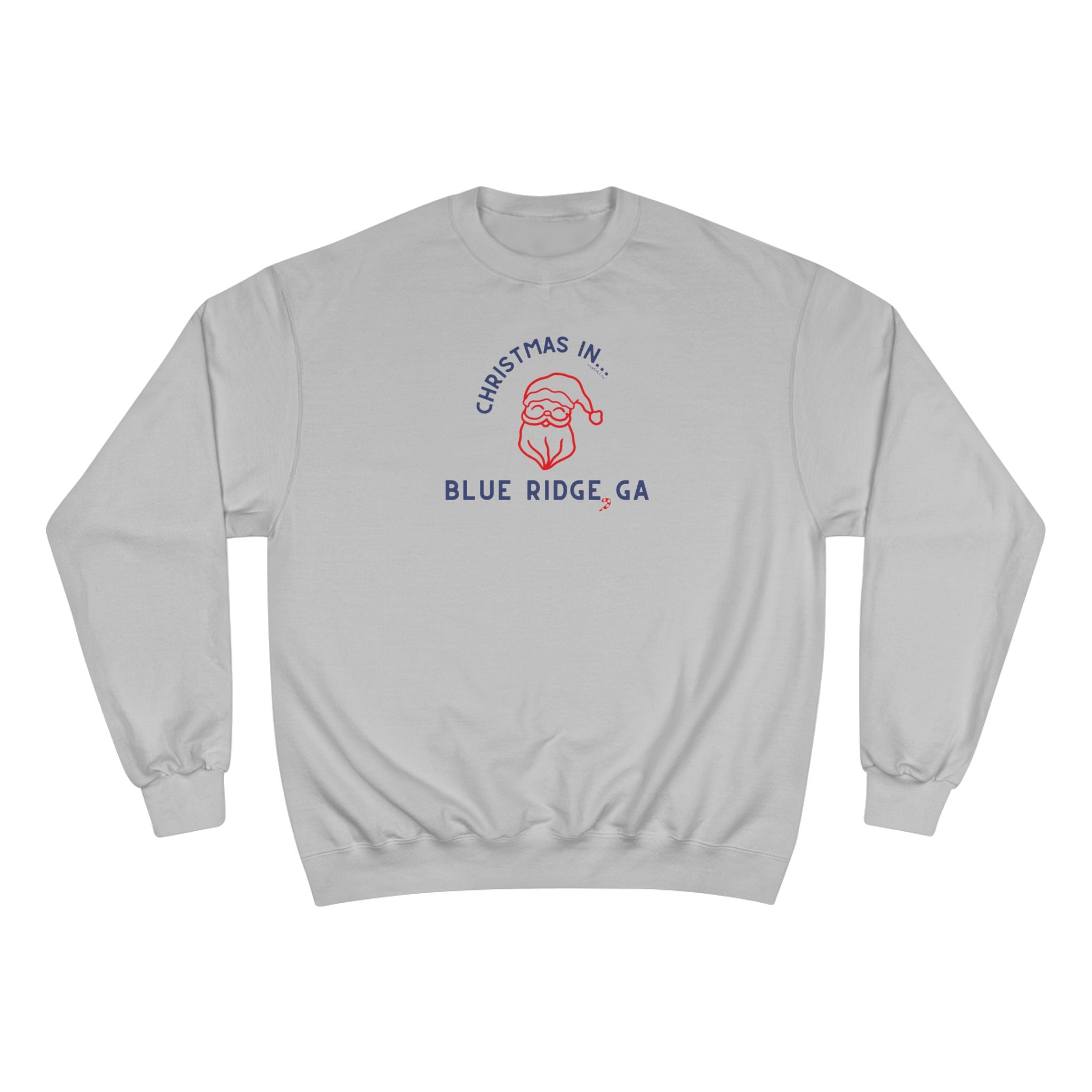 Gray Champion Sweatshirt  with Santa graphic and text "Christmas in Blue Ridge, GA"