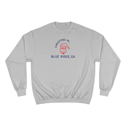 Gray Champion Sweatshirt  with Santa graphic and text "Christmas in Blue Ridge, GA"