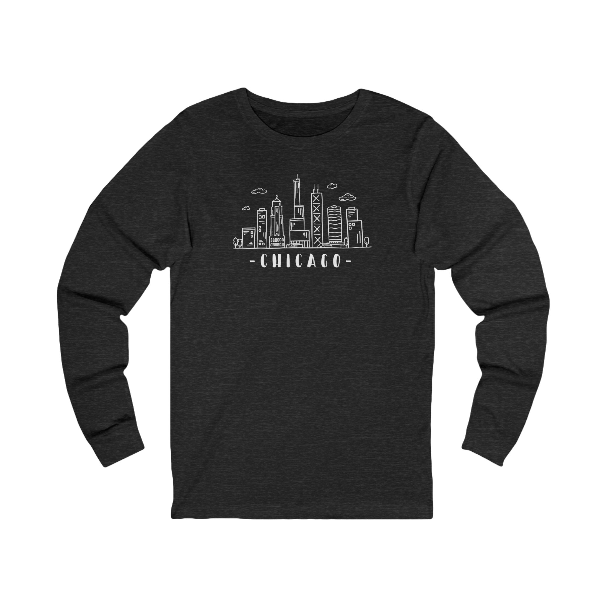 Black heather long-sleeve shirt with Chicago skyline graphic and text "Chicago"