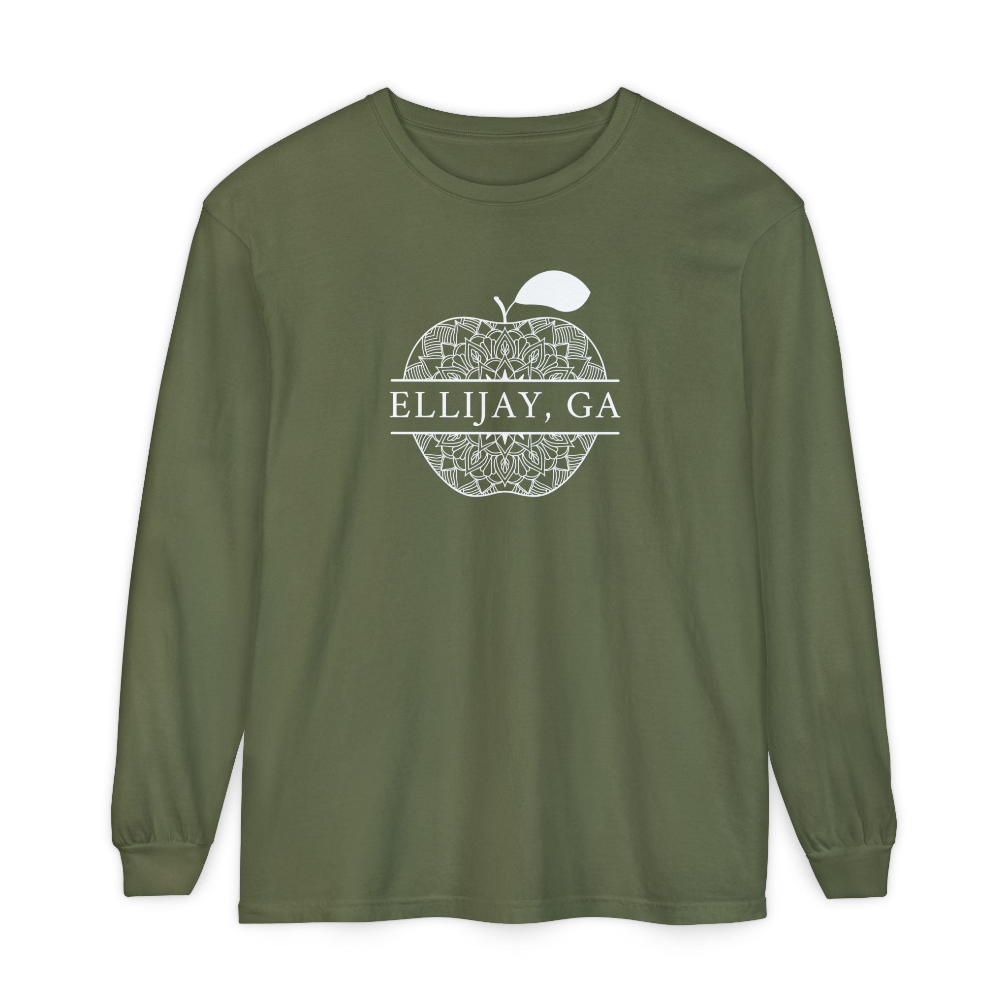 Green Comfort Color long sleeve t-shirt with an apple design and 'Eliijay, GA' text 