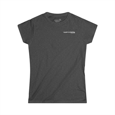 Dark gray t-shirt with a small white logo on a white background