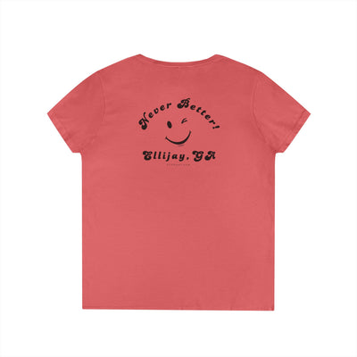 Azalea women's v-neck shirt with a winking smiley face and "never better - Ellijay GA" text on the back by 515Gear.com