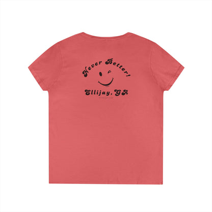 Azalea women's v-neck shirt with a winking smiley face and "never better - Ellijay GA" text on the back by 515Gear.com