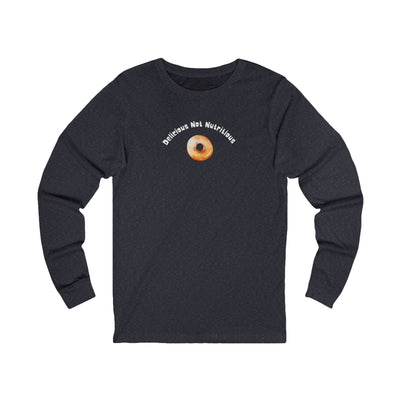 Black long-sleeve shirt with a donut graphic and text "Delicious Not Nutritious"