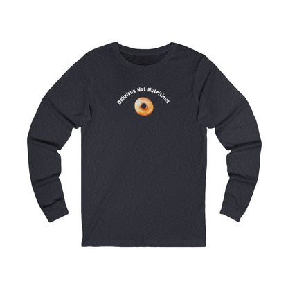 Black long-sleeve shirt with a donut graphic and text "Delicious Not Nutritious"