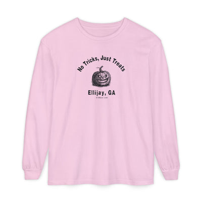 Pink unisex long sleeve T-shirt with jack-o-lantern graphic and text "No Tricks Just Treats - Ellijay GA" by 515Gear.com