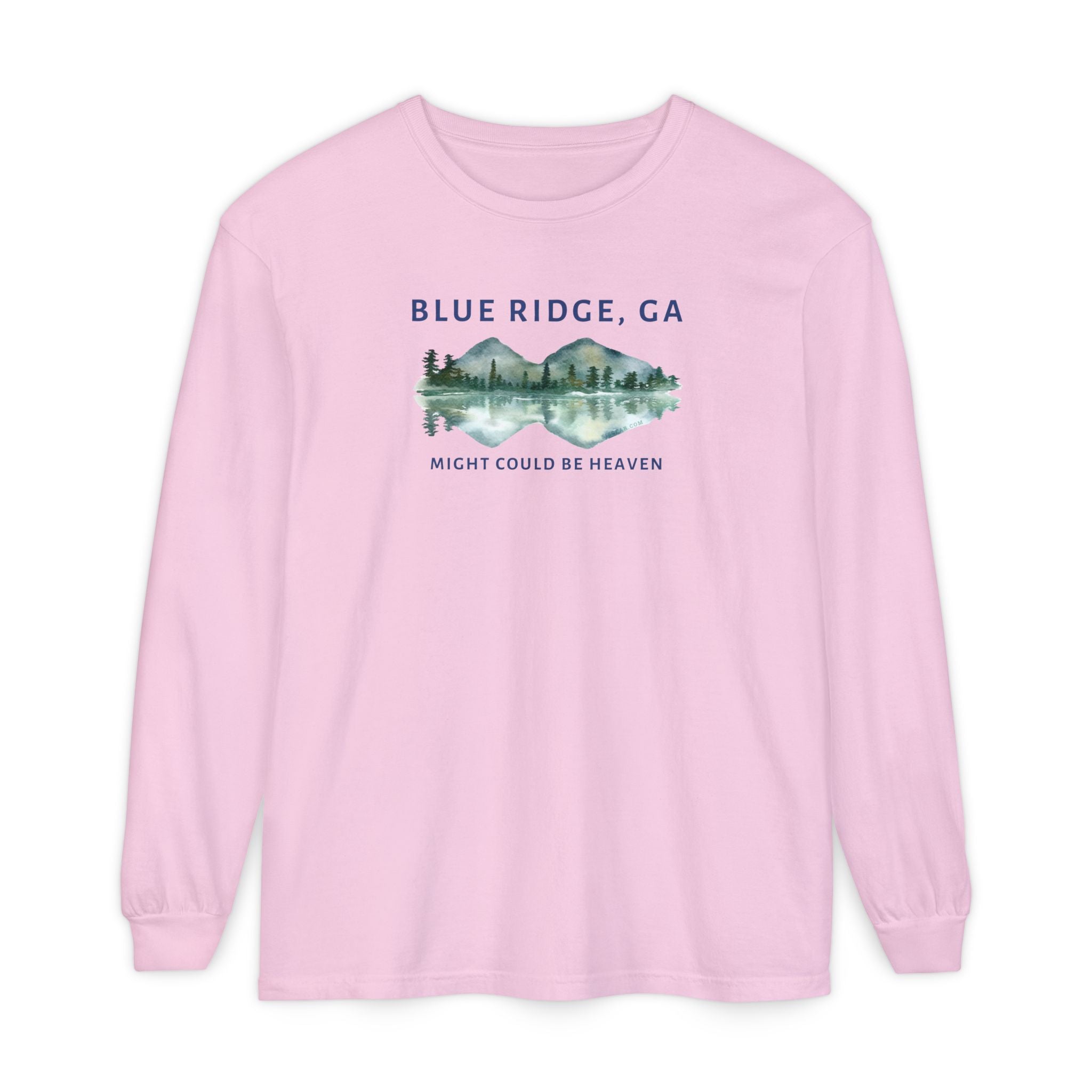 Pink Comfort Colors long-sleeve shirt with 'Blue Ridge, GA - Might Could Be Heaven" text and Mountain & Lake graphic