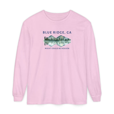 Pink Comfort Colors long-sleeve shirt with 'Blue Ridge, GA - Might Could Be Heaven" text and Mountain & Lake graphic