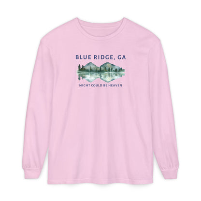 Pink Comfort Colors long-sleeve shirt with 'Blue Ridge, GA - Might Could Be Heaven" text and Mountain & Lake graphic