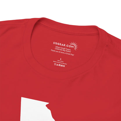 Red t-shirt with a brand logo on the collar against a white background