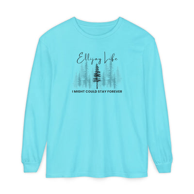 Aqua Blue comfort colors long sleeve t-shirt with nature-themed graphic and text "Ellijay Life - I Might Could Stay Forever"  