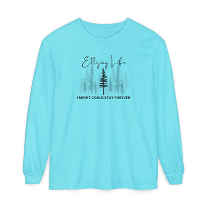Aqua Blue comfort colors long sleeve t-shirt with nature-themed graphic and text "Ellijay Life - I Might Could Stay Forever"  