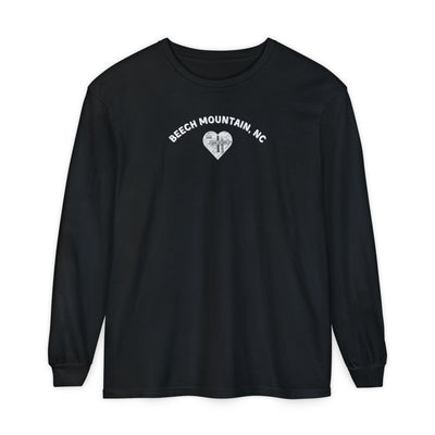 Black Comfort Colors® long-sleeve tee with a heart-shaped illustration of Beech Mountain’s slopes, chairlift, and sign pointing to 5506 Skybar 