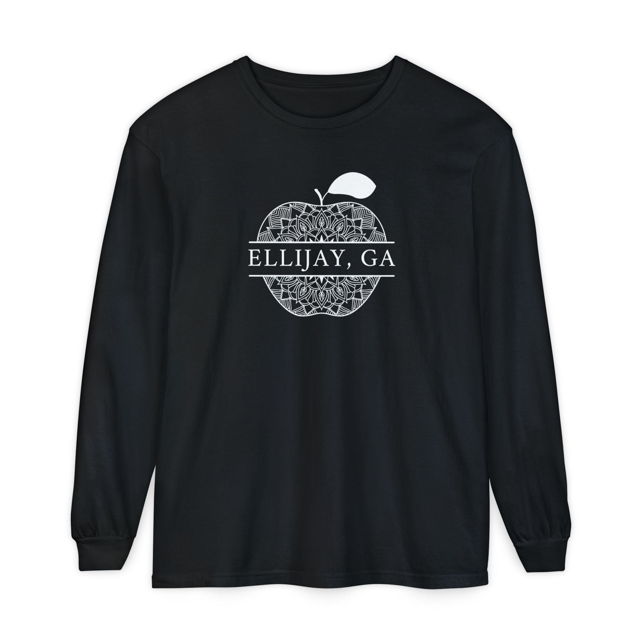 Black Comfort Color long sleeve t-shirt with an apple design and 'Eliijay, GA' text 