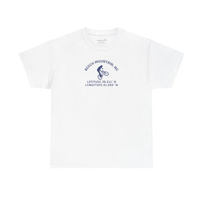 White t-shirt with mountain bike graphic and text "Beech Mountain, NC" along with Latitude and Longitude" coordinates