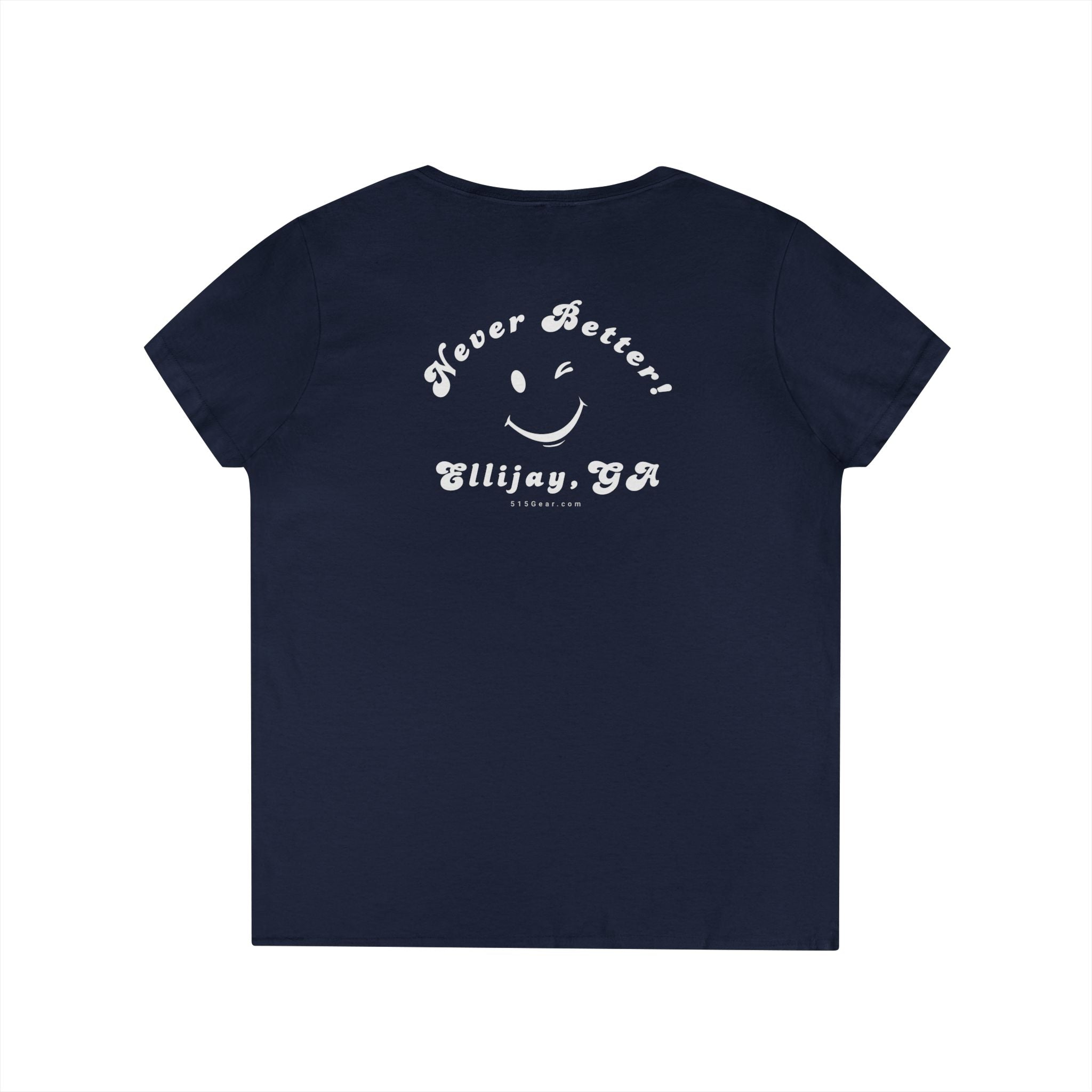 Black women's v-neck shirt with a winking smiley face and "never better - Ellijay GA" text on the back by 515Gear.com