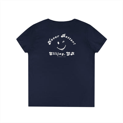 Black women's v-neck shirt with a winking smiley face and "never better - Ellijay GA" text on the back by 515Gear.com