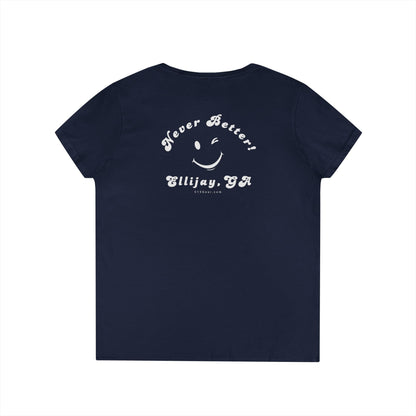 Black women's v-neck shirt with a winking smiley face and "never better - Ellijay GA" text on the back by 515Gear.com