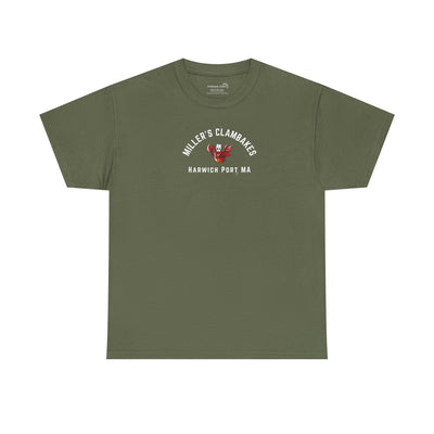 Green t-shirt with happy lobster graphic and text 'Miller's Clambakes Harwich Port, MA'  