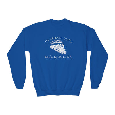 Royal blue kids sweatshirt with train graphic and text "All Aboard, Y'all - Blue Ridge, GA" by 515Gear.com