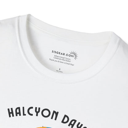 White t-shirt with 'HALCYON DAYS' text and brand logo on a white background