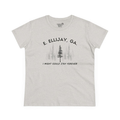Women's semi-fitted t-shirt by 515 Gear | Ellijay, GA | 'I might could stay forever' forest graphic 