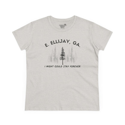 Women's semi-fitted t-shirt by 515 Gear | Ellijay, GA | 'I might could stay forever' forest graphic 