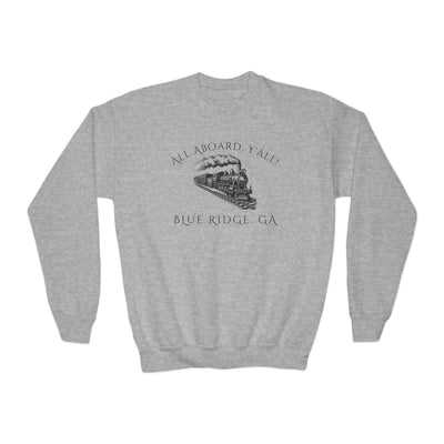 Gray kids sweatshirt with train graphic and text "All Aboard, Y'all - Blue Ridge, GA" by 515Gear.com