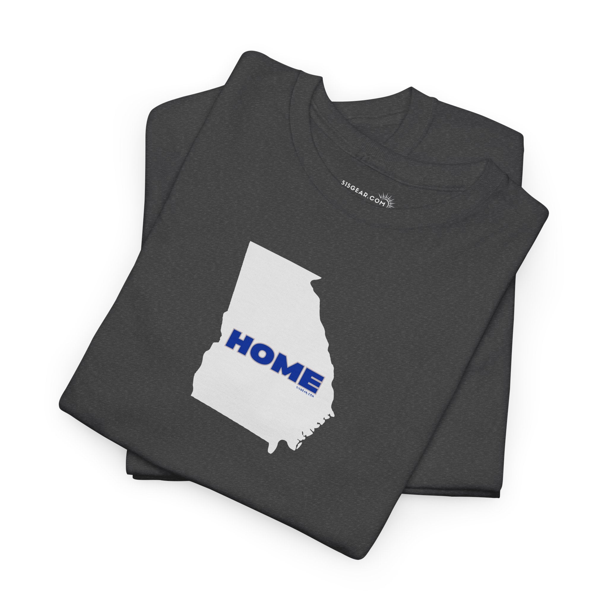 Folded dark gray Unisex Heavy Cotton Tee, 100% cotton with State of Georgia graphic and text "HOME" in college colors (Georgia State University)