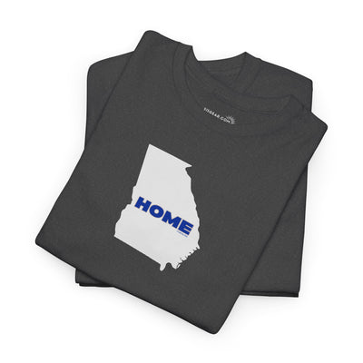 Folded dark gray Unisex Heavy Cotton Tee, 100% cotton with State of Georgia graphic and text "HOME" in college colors (Georgia State University)