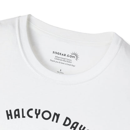 White t-shirt with 'HALCYON DAYS' text and a visible brand label on a white background