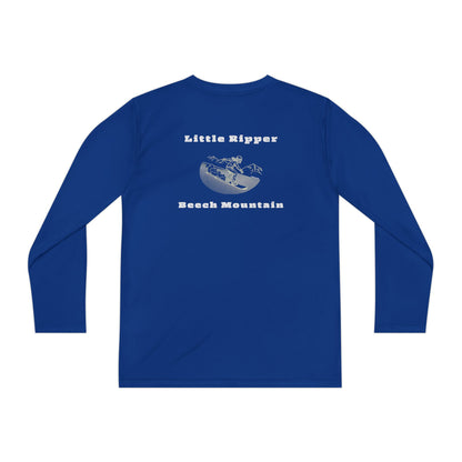 Blue long-sleeve performance t-shirt text "Little Ripper – Beech Mountain... Vertical Drop 830 ft" with snowboard graphic