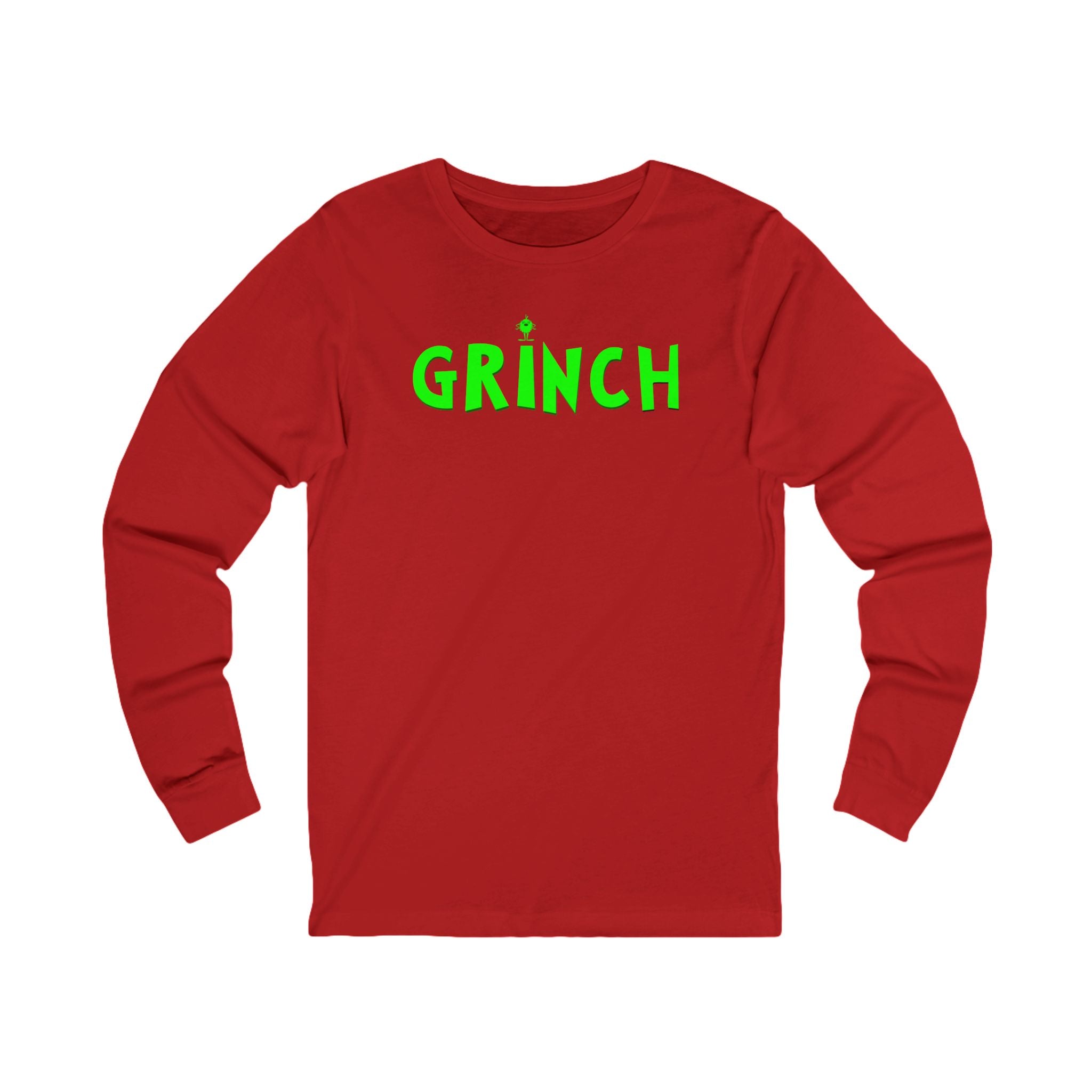 Red long-sleeve shirt with 'GRINCH' in green on a white background