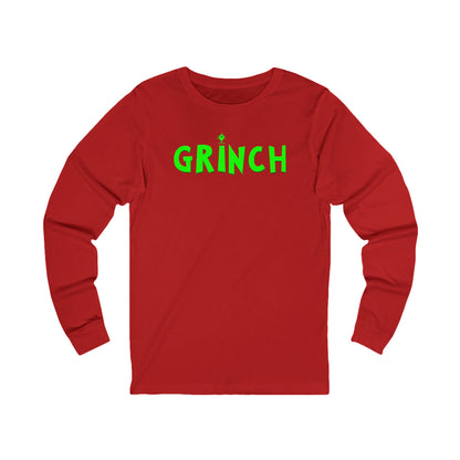 Red long-sleeve shirt with 'GRINCH' in green on a white background