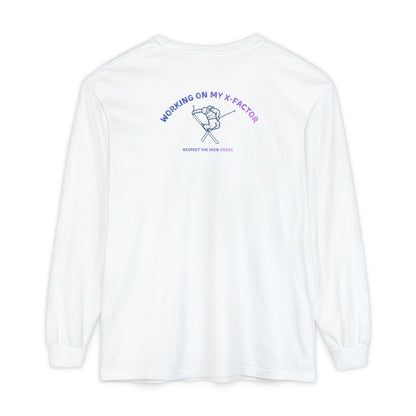 White long-sleeve unisex Comfort Color t-shirt with ski jump graphic and text Working on my X-Factor Respect the Iron Cross