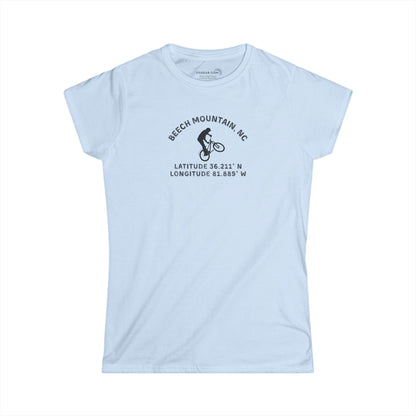 Light blue women's semi fitted t-shirt with mountain bike graphic and text "Beech Mountain, NC - Latitude and Longitude" coordinates