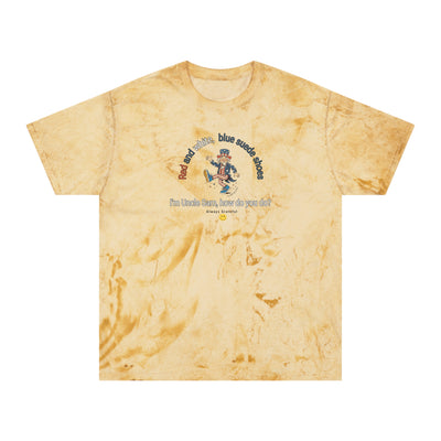 Beige tie-dye t-shirt with Uncle Sam dancing and text "Red and White, Blue Suede Shoes..." 