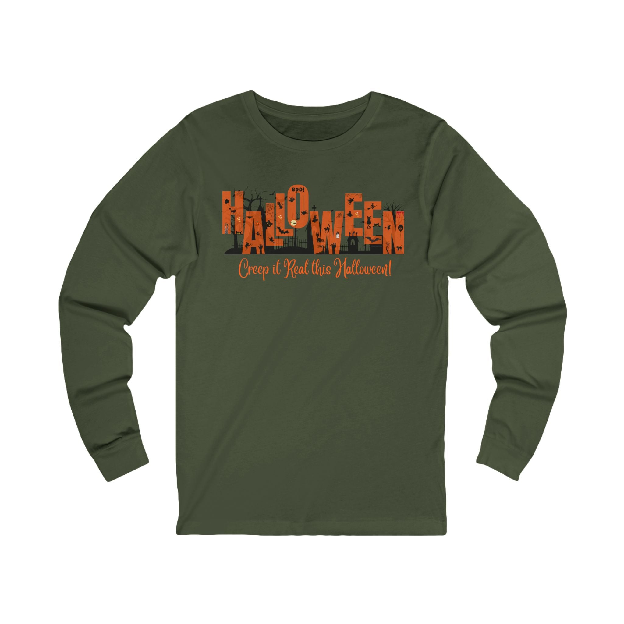green unisex long sleeve t-shirt with halloween graphic of a cemetery and larger text "Halloween" and small text "Creep It Real This Halloween" by 515Gear.com 