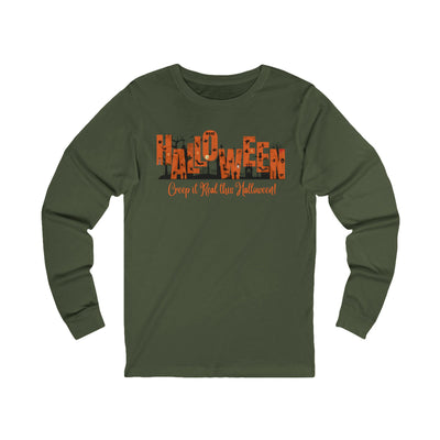 green unisex long sleeve t-shirt with halloween graphic of a cemetery and larger text "Halloween" and small text "Creep It Real This Halloween" by 515Gear.com 