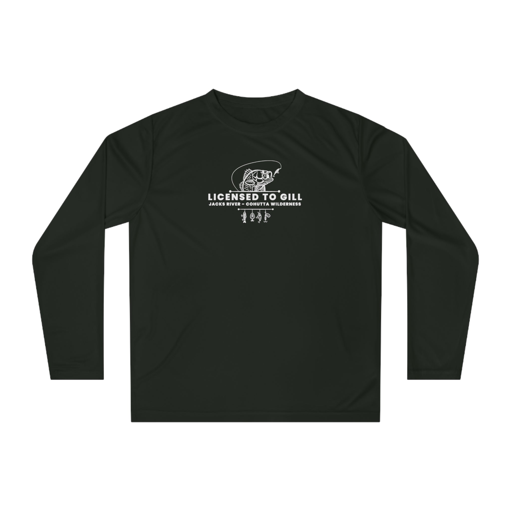 Black long-sleeve shirt with 'Licensed to Gill' text and fishing graphic on a white background