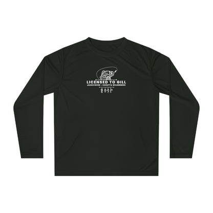 Black long-sleeve shirt with 'Licensed to Gill' text and fishing graphic on a white background