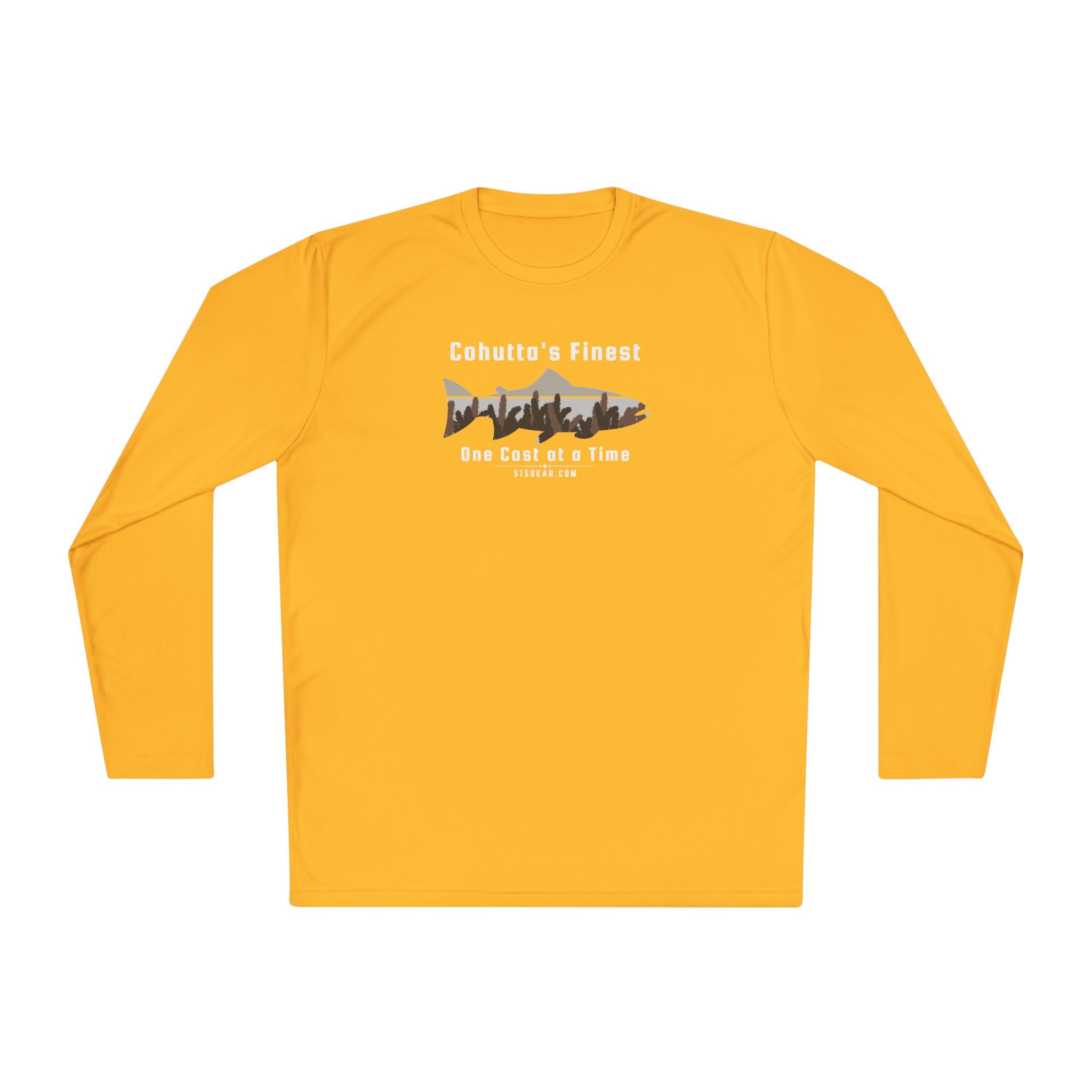 Yellow long-sleeve performance moisture wicking t-shirt with fishing theme saying Cohutta's Finest One Cast at a Time by 515Gear.com