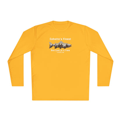 Yellow long-sleeve performance moisture wicking t-shirt with fishing theme saying Cohutta's Finest One Cast at a Time by 515Gear.com