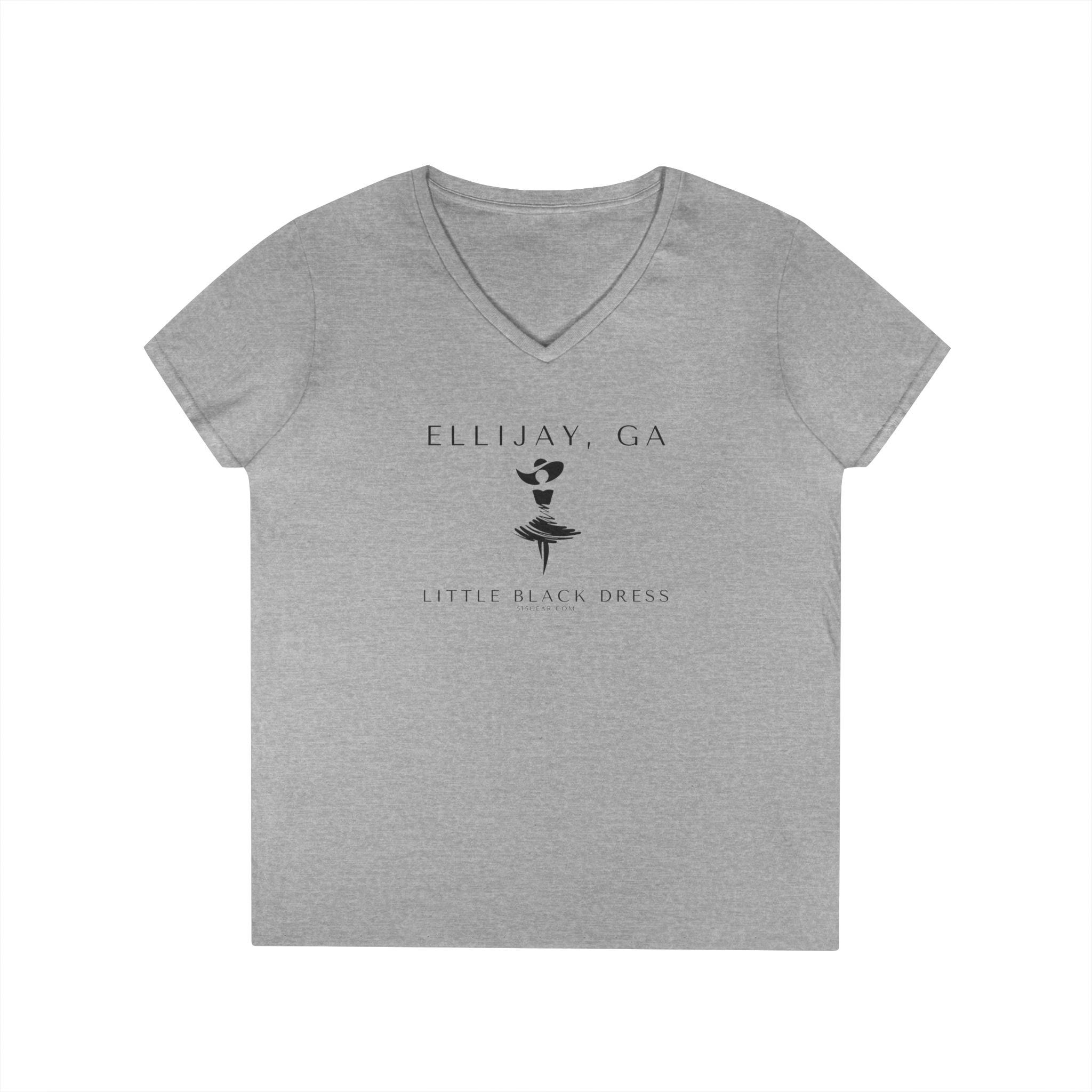 Women's grey V-neck t-shirt with black lady in hat and dress graphic and text "Ellijay, GA - Little Black Dress" by 515Gear.com