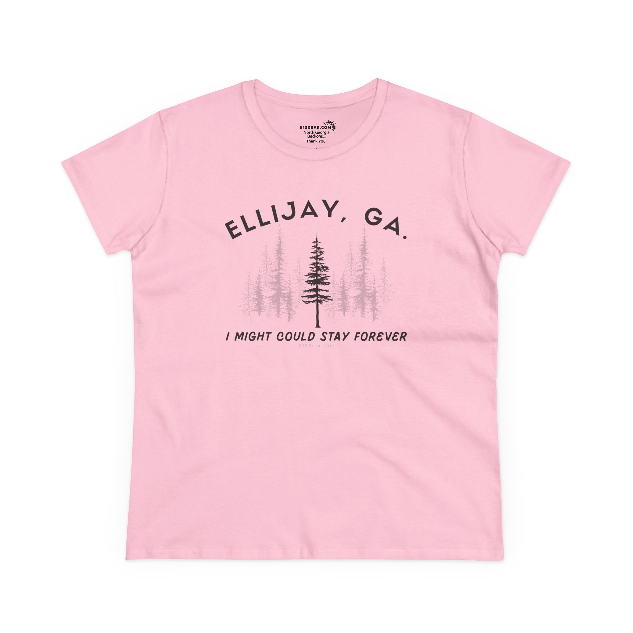 Women's semi-fitted t-shirt by 515 Gear | Ellijay, GA | 'I might could stay forever' forest graphic 