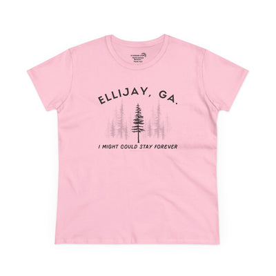 Women's semi-fitted t-shirt by 515 Gear | Ellijay, GA | 'I might could stay forever' forest graphic 
