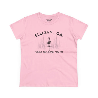 Women's semi-fitted t-shirt by 515 Gear | Ellijay, GA | 'I might could stay forever' forest graphic 