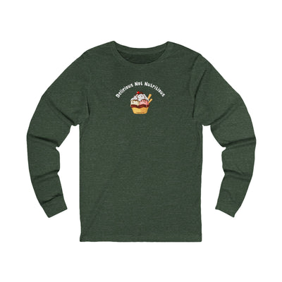 Green long-sleeve T-shirt with ice cream sundae graphic and text "delicious not nutritious" by 515gear.com